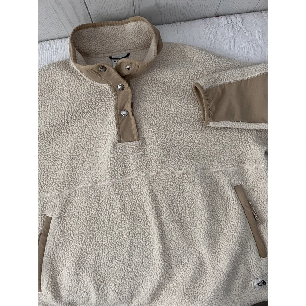 VINTAGE North Face Cragmont Pullover Jacket Deep Pile Fleece T Snap LARGE CREAM